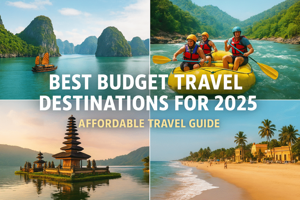 Best Budget Travel Destinations for 2025 featuring Rishikesh, Bali, Vietnam, Thailand, and Pondicherry – affordable travel guide