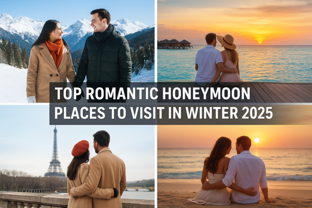 “Top Romantic Honeymoon Places to Visit in Winter 2025 featuring snowy mountains, tropical beaches, Paris cityscape, and sunset destinations for couples”